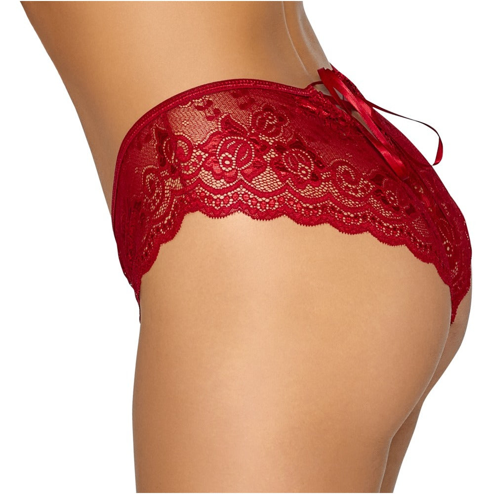 Cottelli Crotchless Panty Red – Sexy Floral Lace Panty with Cut-Out Front and Satin Ribbon Lacing