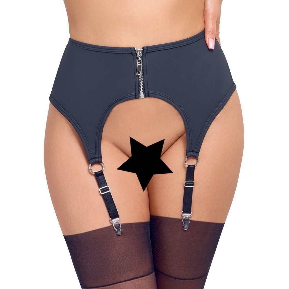 Cottelli Zip Suspender Belt – Matte Black Lingerie with Adjustable Straps and Silver-Coloured Details