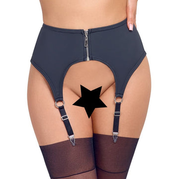 Cottelli Zip Suspender Belt – Matte Black Lingerie with Adjustable Straps and Silver-Coloured Details