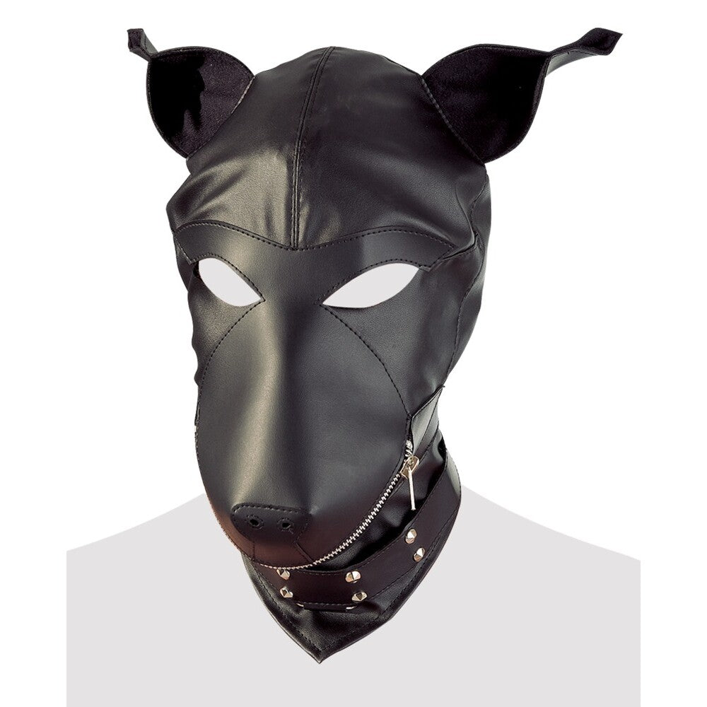 Imitation Leather Dog Mask with Zipper & Studded Collar – Black