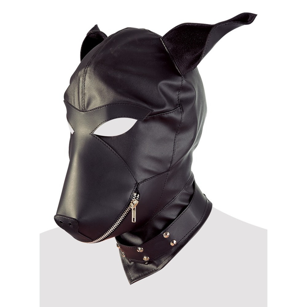 Imitation Leather Dog Mask with Zipper & Studded Collar – Black
