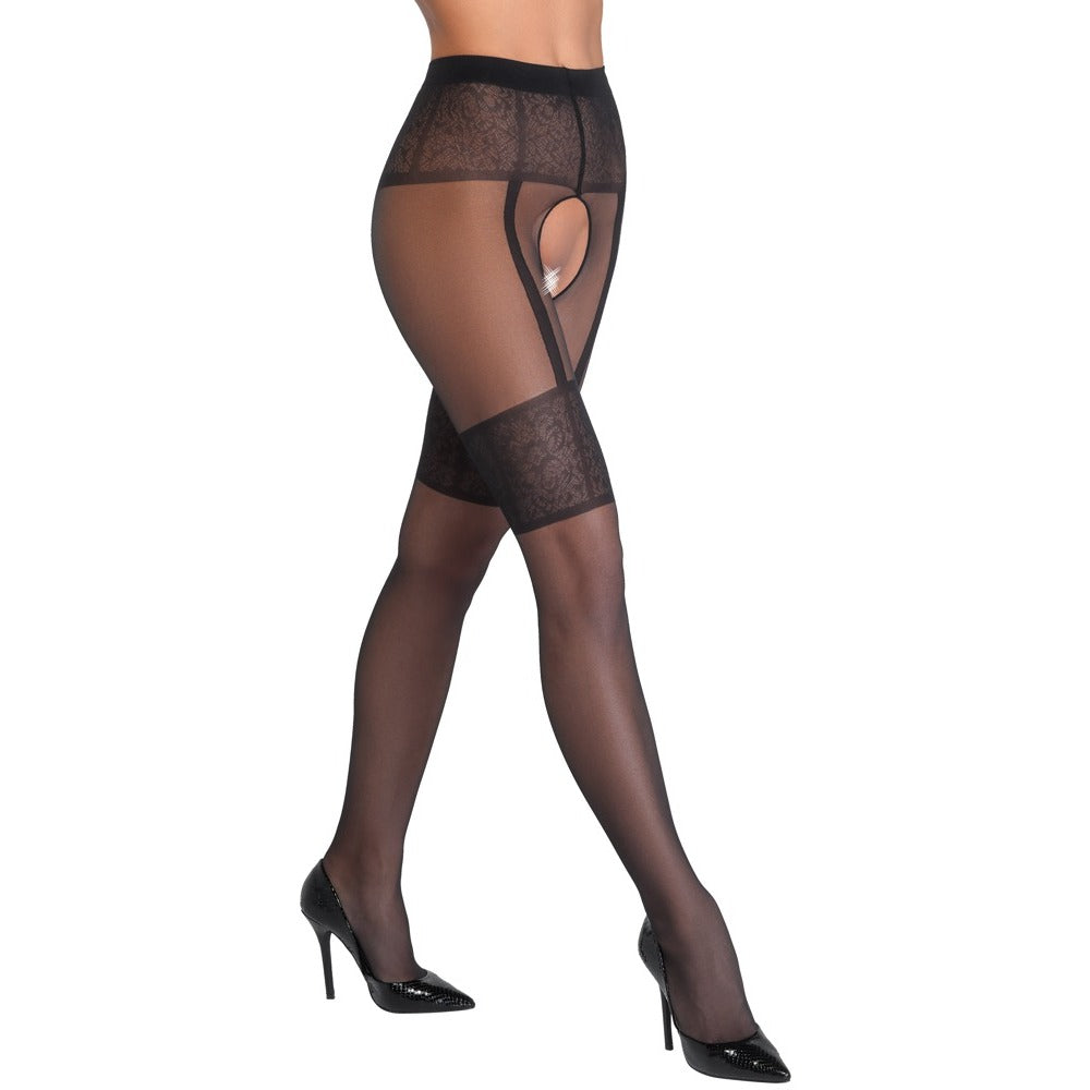 Elegant Black Crotchless Tights with Woven Suspender Belt & Lace Garters