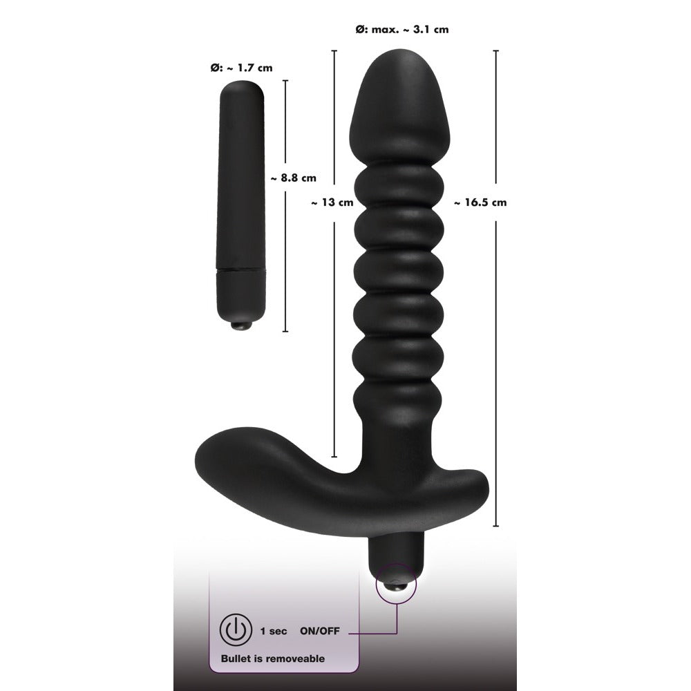 Black Velvets Medium Vibrator with Ribbed Shaft and Perineum Stimulator