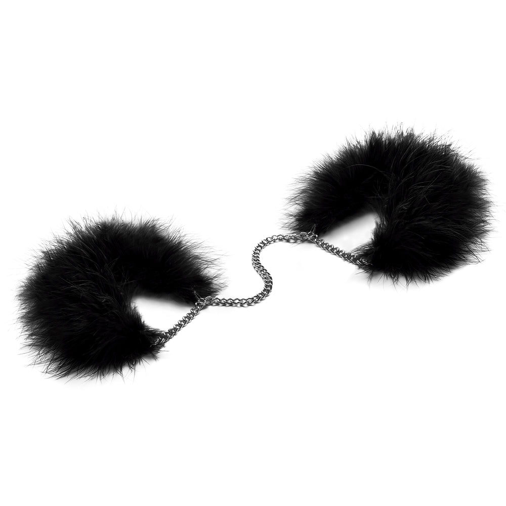 Bijoux Indiscrets Za Za Zu Feather Handcuffs – Black Feather Soft Restraints with Silver Chain