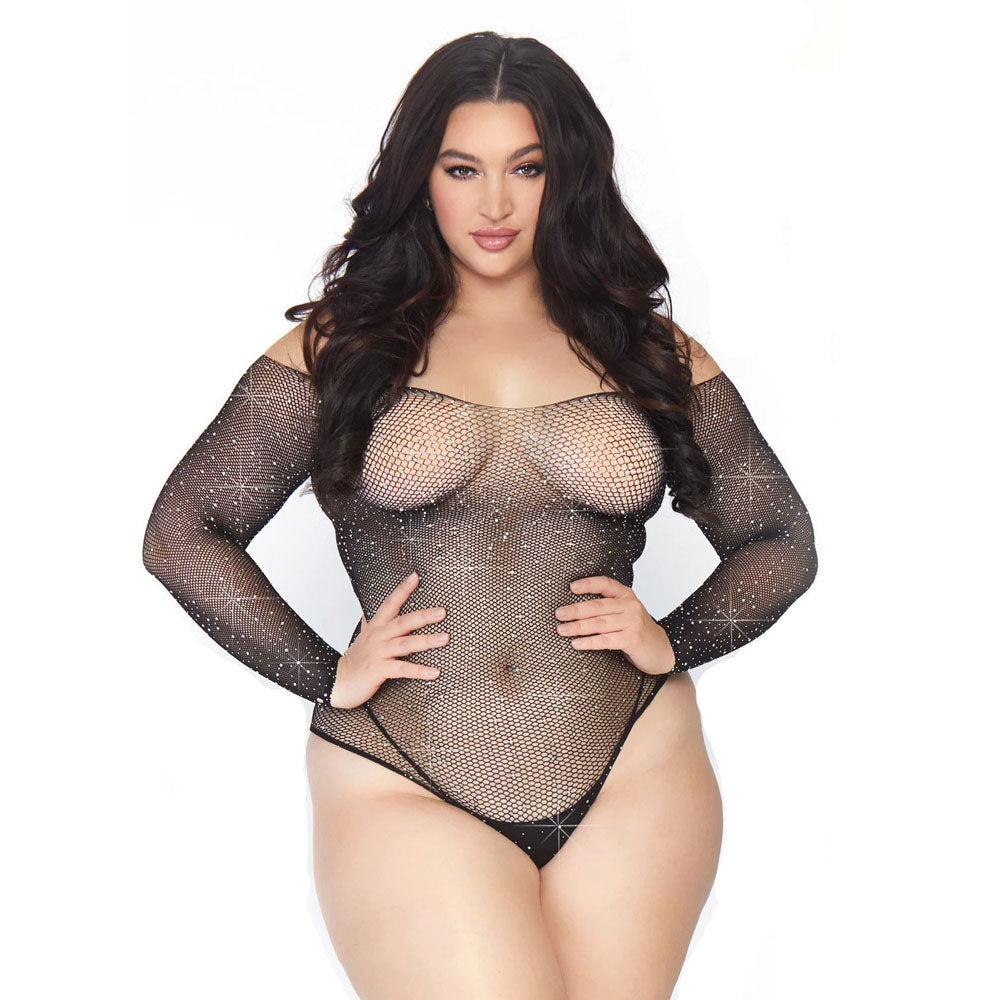 Leg Avenue Plus Size Crystalized Long Sleeve Fishnet Bodysuit – UK 14 to 18