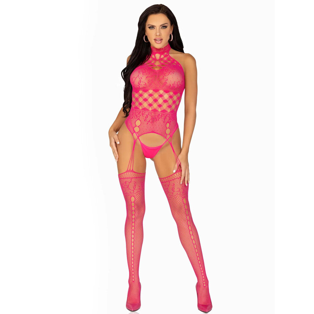 Leg Avenue Pink High Neck Halter Net & Lace Suspender Bodystocking – UK 6 to 12