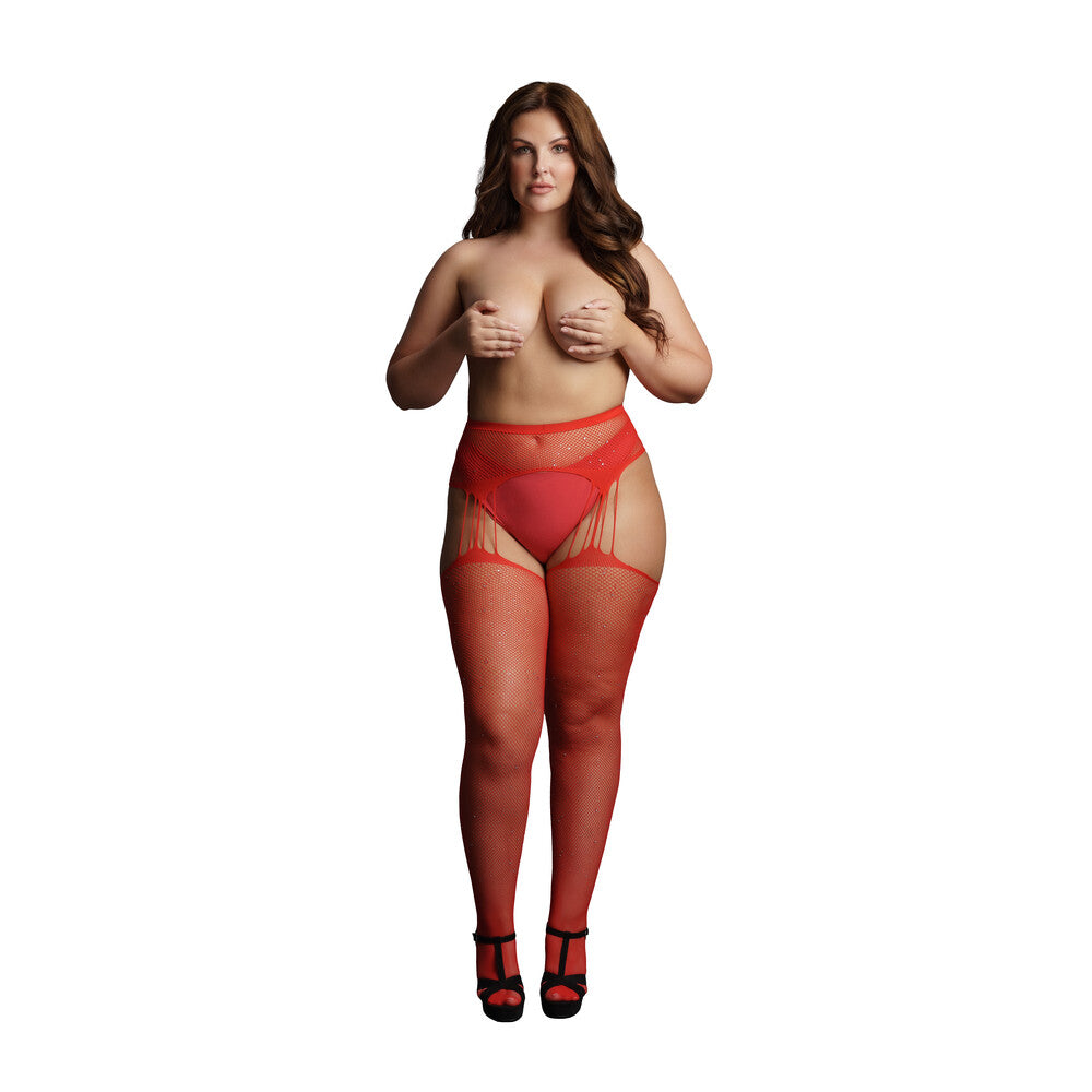Le Desir Red Rhinestone Suspender Pantyhose – Plus Size UK 14-20