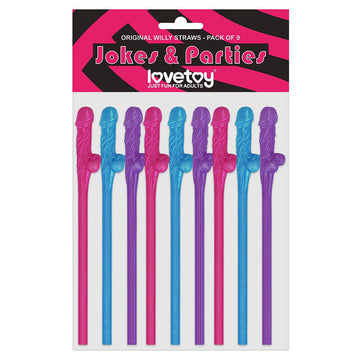 Lovetoy Pack of 9 Willy Straws – Blue, Pink, and Purple Fun Drinking Straws