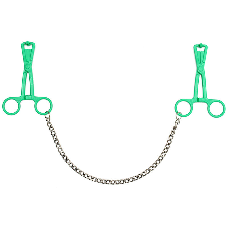 Green Scissor-Style Nipple Clamps with 14-Inch Metal Chain