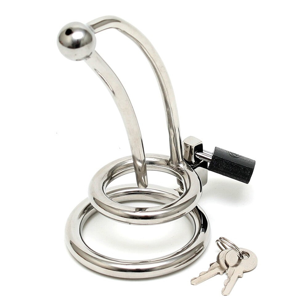 Stainless Steel Chastity Penis Lock with Curved Urethral Tube & Cockring