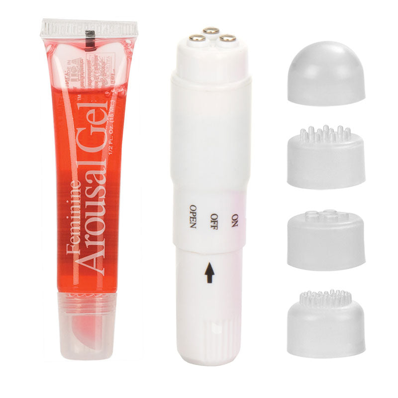 Her Clit Pleasure Kit – Multi-Tip Massager with Arousal Gel & Sleeves – Pink