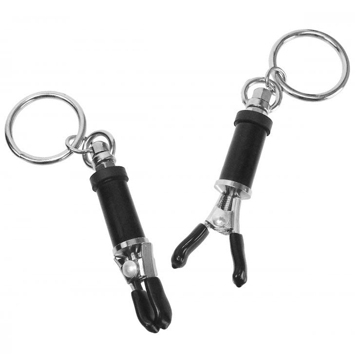 Master Series Bondage Ring Barrel Adjustable Nipple Clamps with Dangling Rings