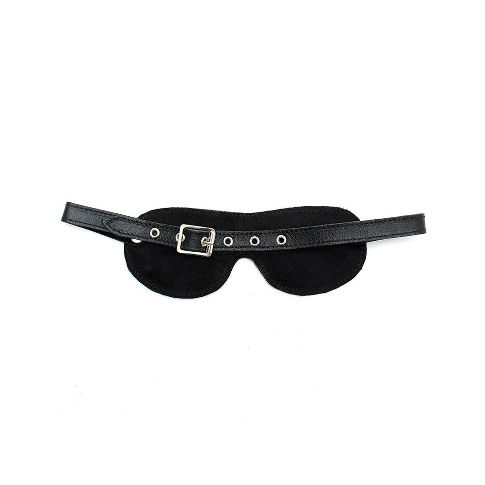 Black Genuine Leather Cushioned Blindfold with Adjustable Buckle