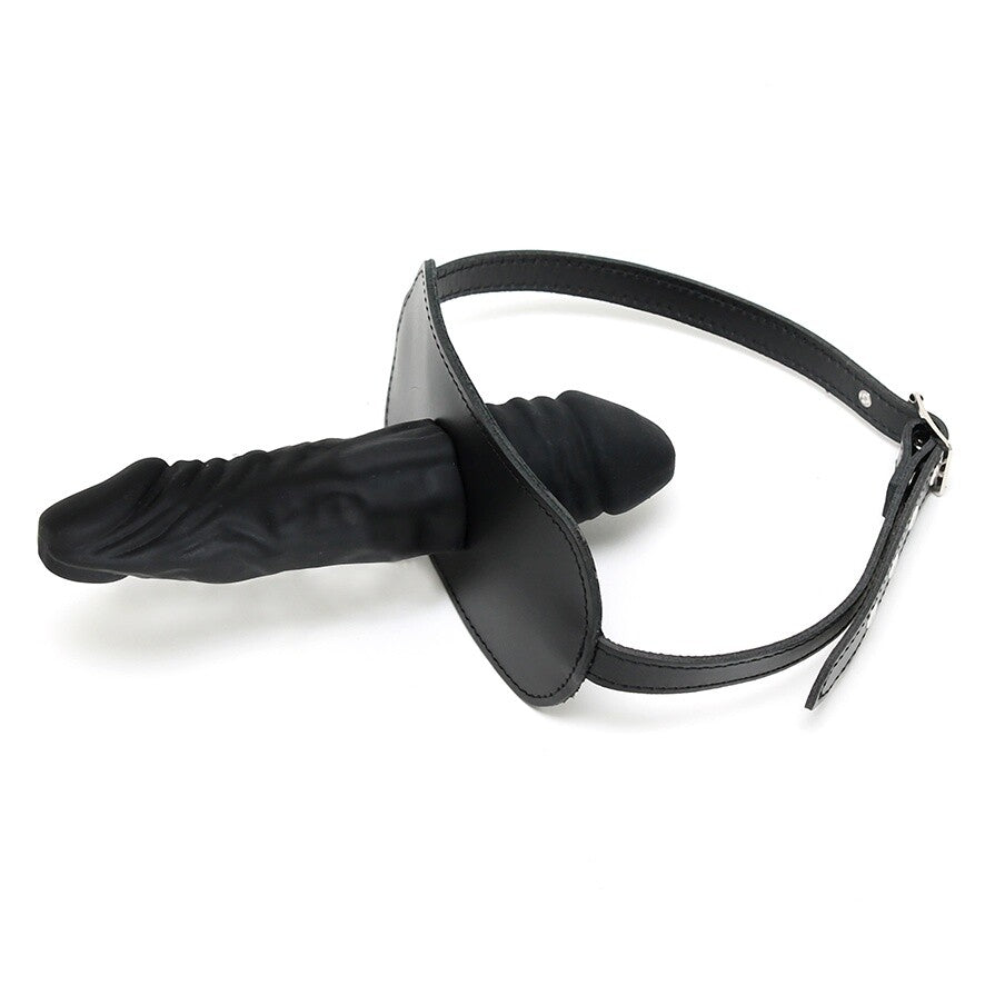 Genuine Leather Penis Gag with Internal & External Dildo – Adjustable Buckle