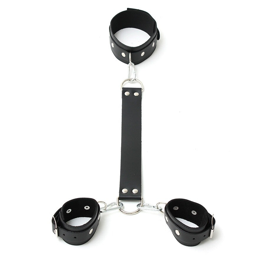 Genuine Leather Neck and Wrist Cuffs with Carabiner Hooks – Adjustable Restraints